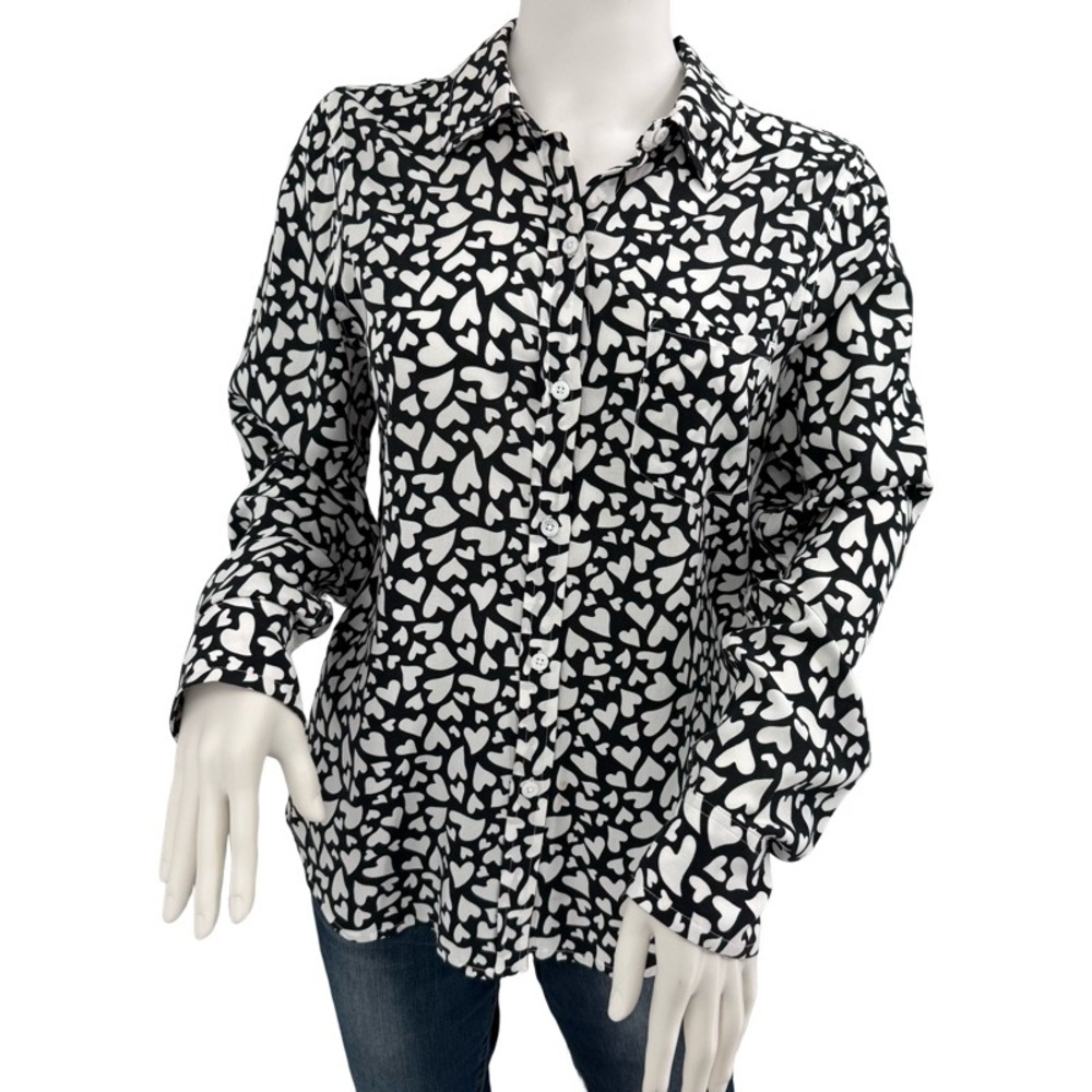 RAILS Small Amore Heart Print Button Down Shirt Black White Romantic‎ Chic
